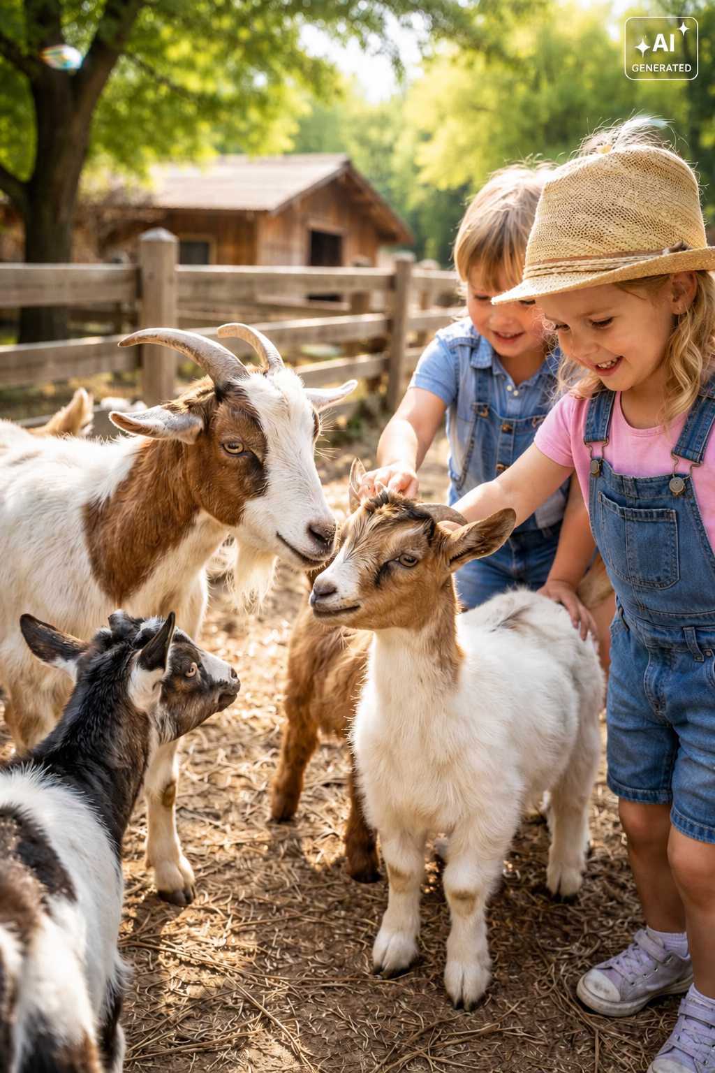 Zwei Kinder streicheln mehrere Ziegen auf einem Bauernhof